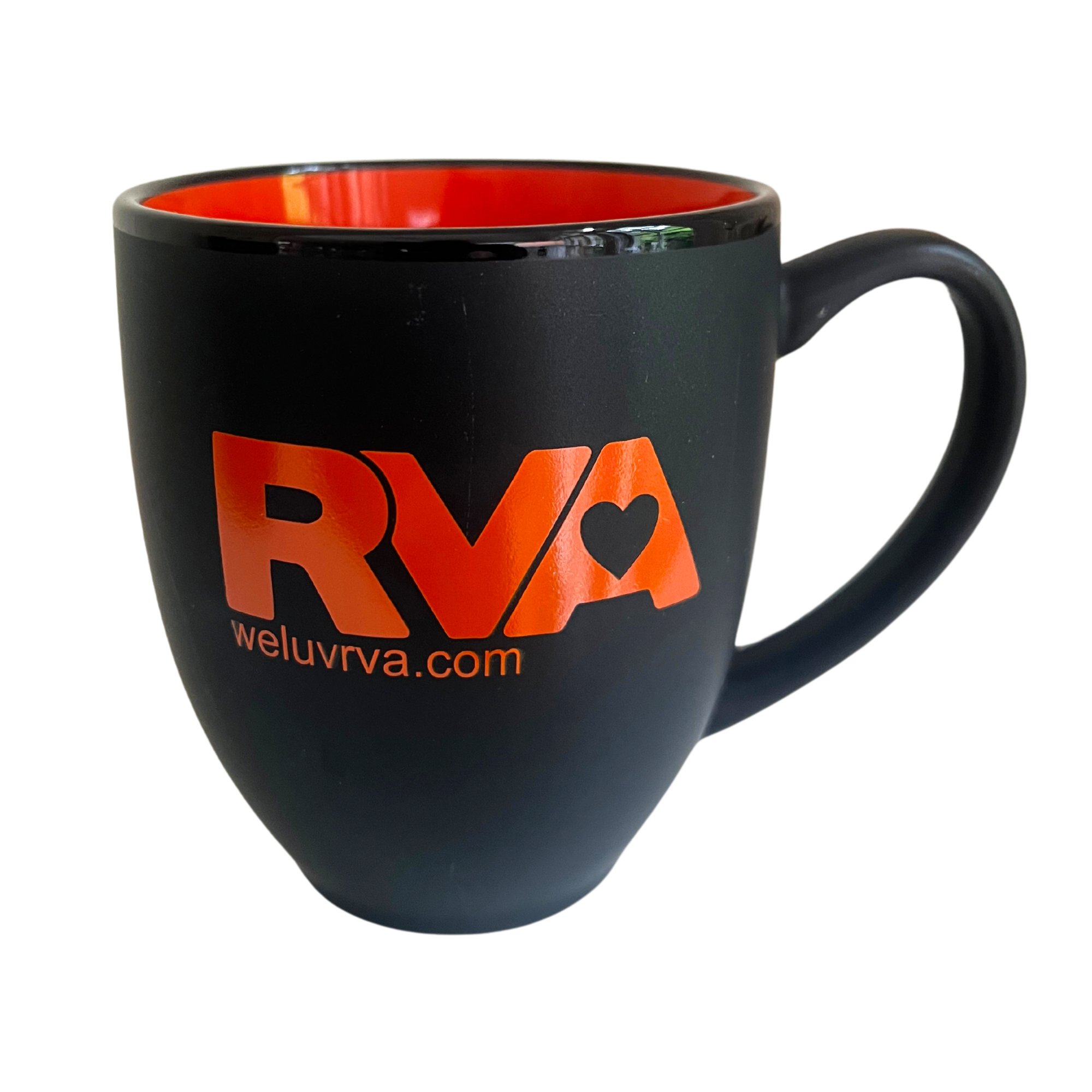 The #weluvrva Mug, a 16oz matte black ceramic Richmond Virginia mug with bright orange interior and the RVA heart logo